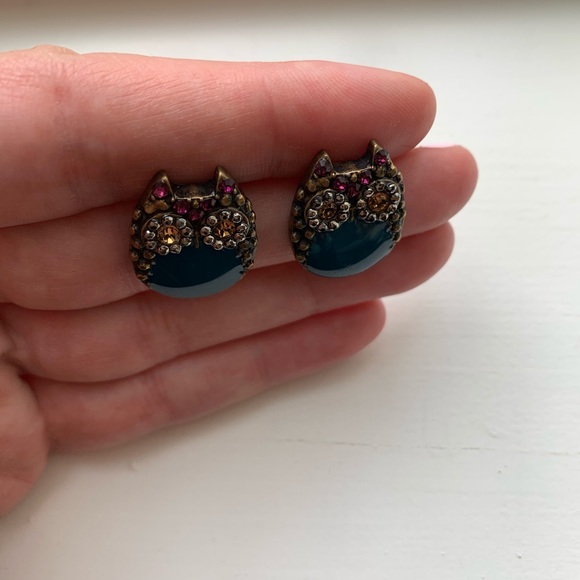 Cute brass & turquoise enamel owl earrings - Picture 3 of 7